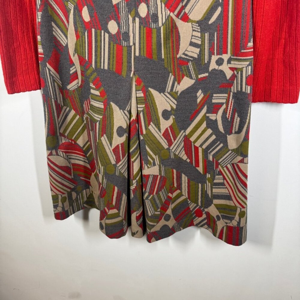 Vintage 60s 70s Red Geometric Print Long Sleeve Zip Back Retro Midi Dress - Picture 5 of 14
